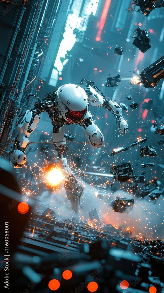 Poster futuristic robot engaged in action amidst exploding debris