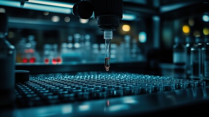 Automated Liquid Handling System Dispensing Sample Into Microplate. Microbiology Concept