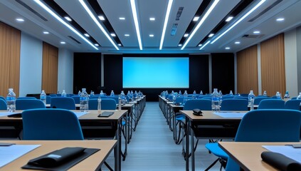 Modern conference room with projector screen and seating.