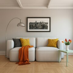 Modern living room interior, bright sunlight, arched window, white walls, minimalist decor, colorful sofa, orange throw blanket, round coffee table, vase with orange tulips, cityscape artwork, floor l