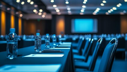 Fototapeta premium Conference room setup with water bottles and documents on tables. (1)