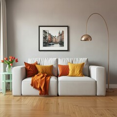 Modern living room interior, bright sunlight, arched window, white walls, minimalist decor, colorful sofa, orange throw blanket, round coffee table, vase with orange tulips, cityscape artwork, floor l