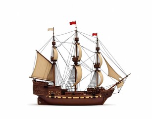 illustration of a medieval vintage sailing ship model isolated on white background