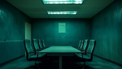 Dark teal conference room with long table and chairs.