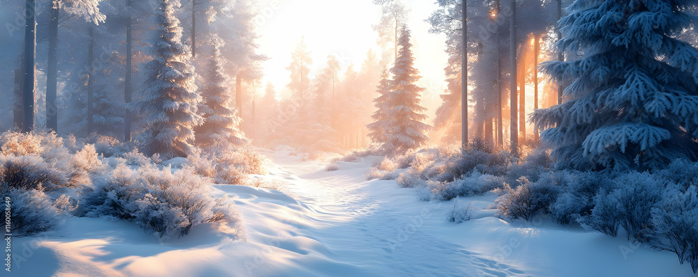 Poster a serene winter landscape with snow-covered paths and frosted trees illuminated by soft light.