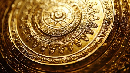 Shimmering Gold Decorative Plate with Intricate Patterns and Details