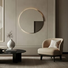 minimalist interior design, beige color palette, circular wall art, modern lounge chair, ceramic vases, round coffee table, textured wall, warm lighting, monochromatic aesthetic, zen atmosphere, clean