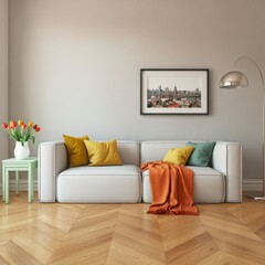 Modern living room interior, bright sunlight, arched window, white walls, minimalist decor, colorful sofa, orange throw blanket, round coffee table, vase with orange tulips, cityscape artwork, floor l