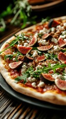 Delicious fig and arugula pizza with cheese and walnuts on crust
