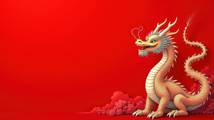 Fototapeta premium Chinese Dragon Red Background Lunar New Year - Lunar New Year/Asian.