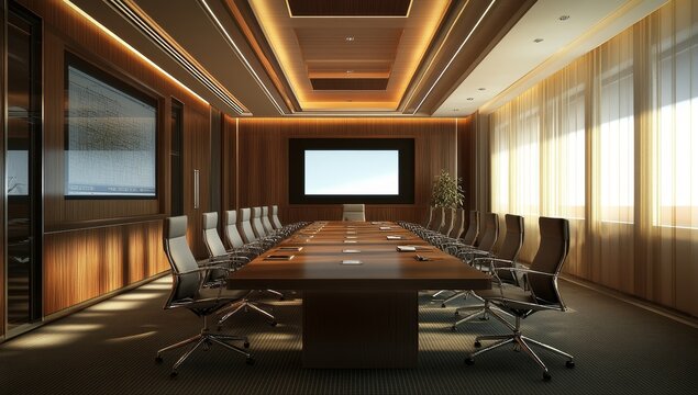 Luxurious modern boardroom with large table, chairs, screen, and wood paneling.
