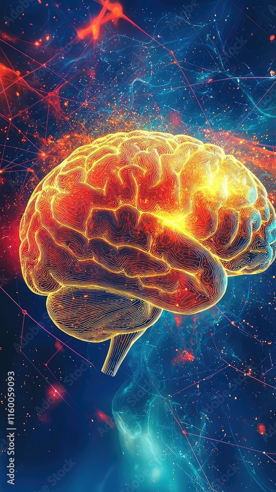 Poster vibrant abstract brain with connecting neural networks in space