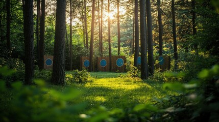 A tranquil archery range nestled in a peaceful forest clearing, Archery targets set amidst lush greenery, Natural outdoor style