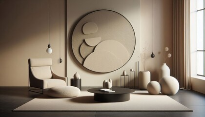 minimalist interior design, beige color palette, circular wall art, modern lounge chair, ceramic vases, round coffee table, textured wall, warm lighting, monochromatic aesthetic, zen atmosphere, clean