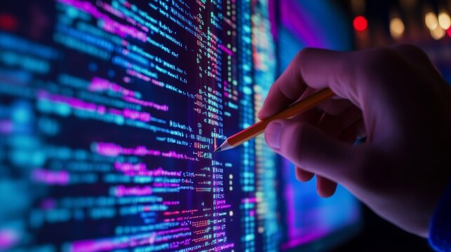  C# code, hand with pencil points c sharp programming language code on monitor