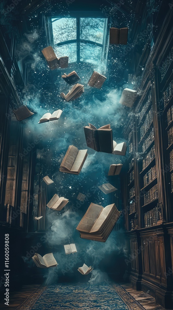 Poster enchanted library with floating books and mystical atmosphere