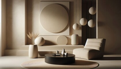minimalist interior design, beige color palette, circular wall art, modern lounge chair, ceramic vases, round coffee table, textured wall, warm lighting, monochromatic aesthetic, zen atmosphere, clean