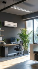 Modern office interior with greenery, desk, and large windows