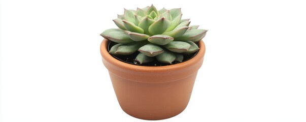 Green succulent plant in terracotta pot on white background