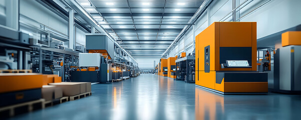A modern industrial workspace featuring machinery and organized production areas.