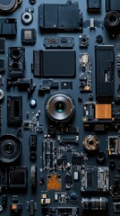 Fototapeta premium Collection of Camera Parts and Electronic Components on Dark Background