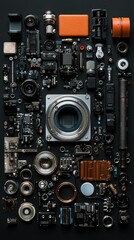 Arrangement of Various Camera Parts and Accessories on Dark Surface