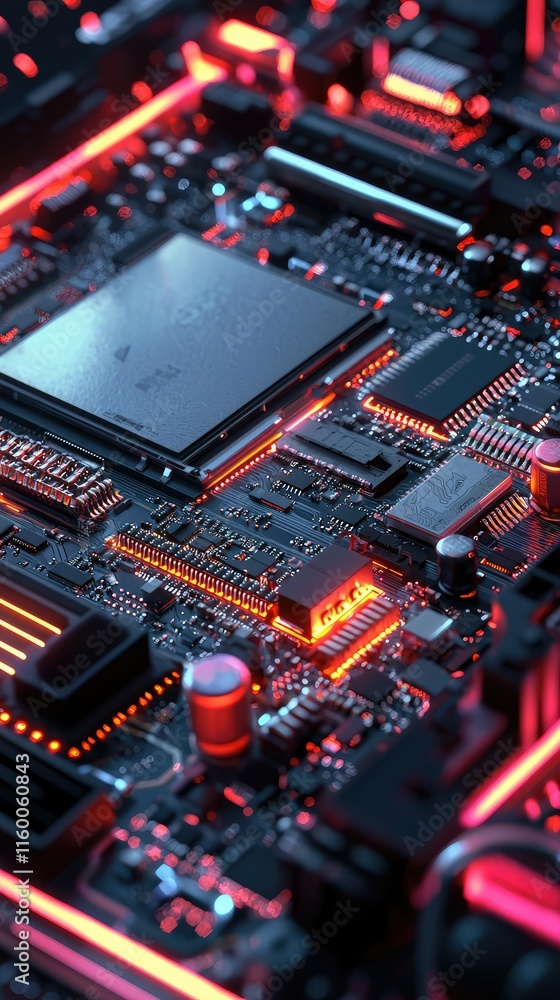 Poster close-up of circuit board with red leds and modern components
