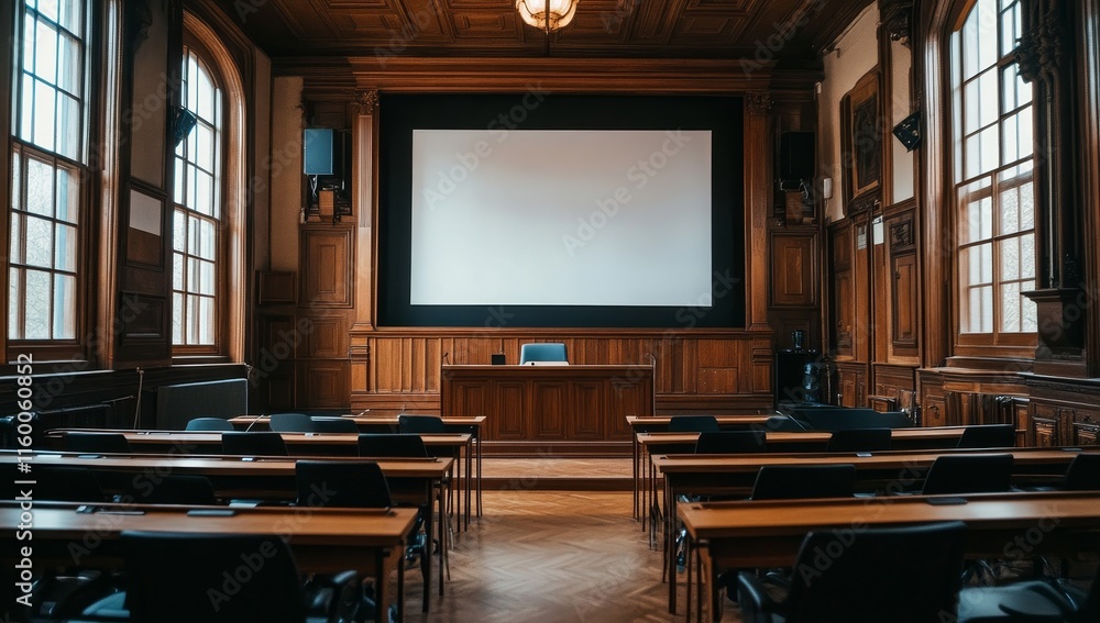 Poster empty lecture hall with projection screen and wooden desks.