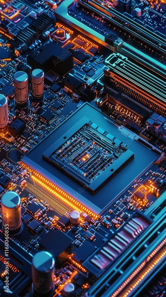 Poster close-up of colorful circuit board with chips and connectors