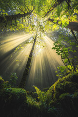 Obraz premium Enchanting Sun Rays in a Vibrant Forest