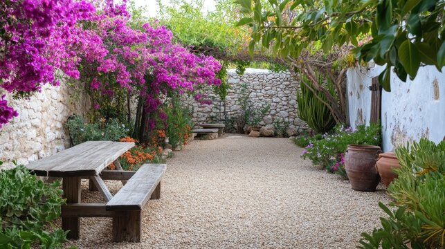 Mediterranean outdoor garden scene with decomposed granite pathways, whitewashed stone walls, bright bougainvillea flowers, and rustic wooden benches, 
