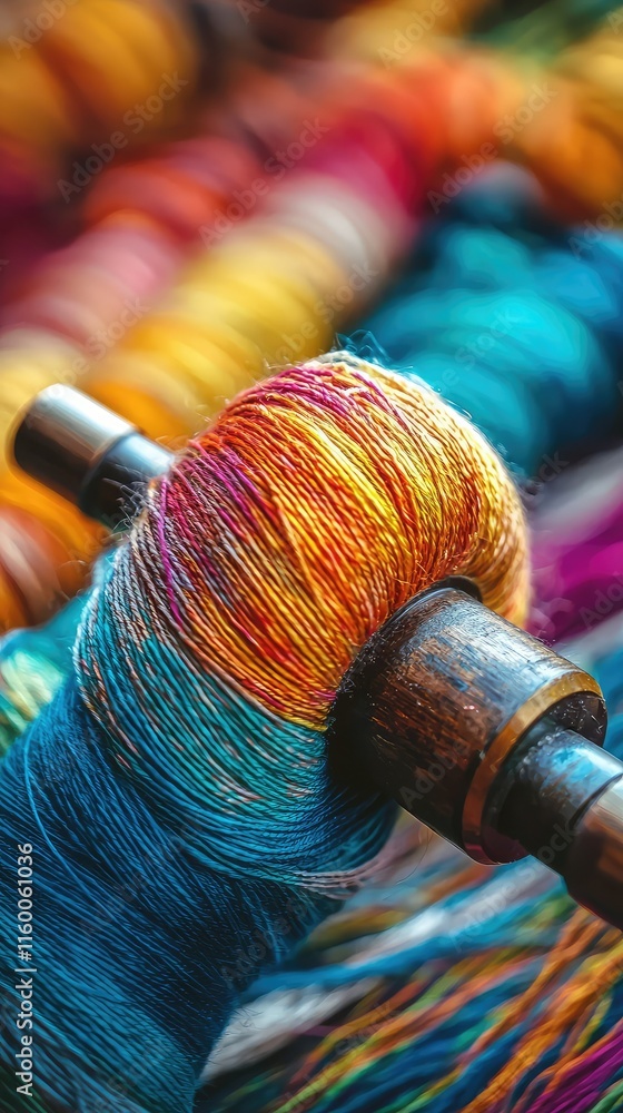 Poster colorful threads on spools in a craft workshop setting