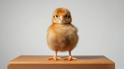 Angry fluffy chick standing on wooden surface.