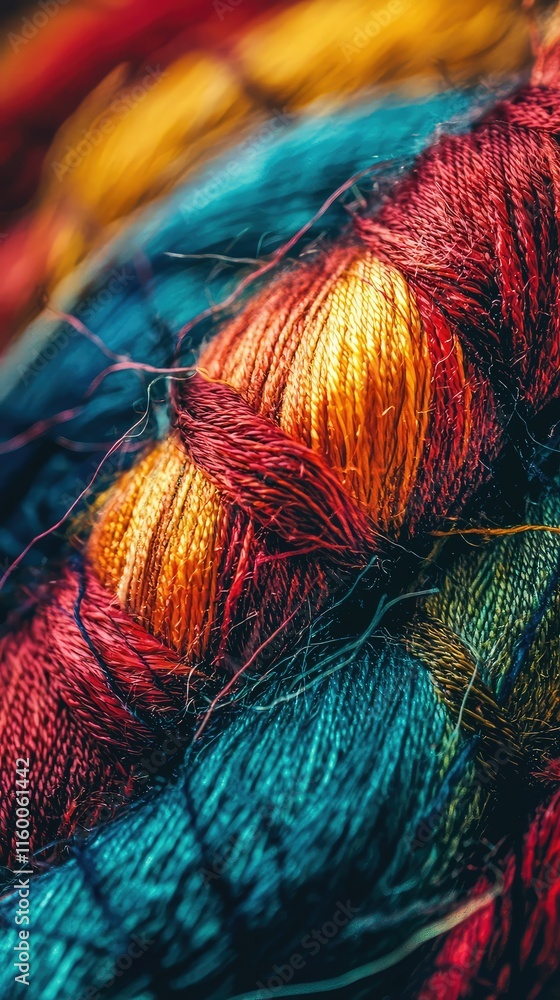 Poster close-up of vibrant thread spools in various colors and textures