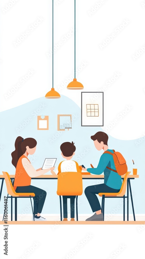 Poster family engaging in fun learning activity at a modern table with tablets and a notebook in a bright, 