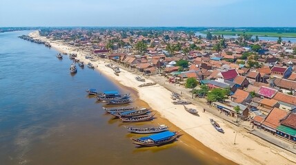 Aerial view of coastal town with boats on sandy beach.