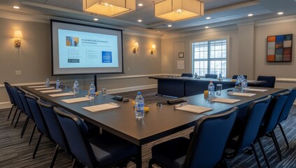 Modern conference room with large u-shaped table, projector screen, and presentation.