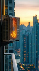 Air Conditioner Unit on Balcony with Cityscape at Sunset