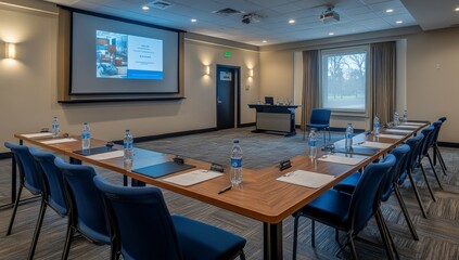 Modern conference room with u-shaped table, projector, and chairs.