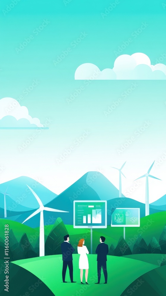Poster business team analyzing data and renewable energy charts with wind turbines in the background and mo