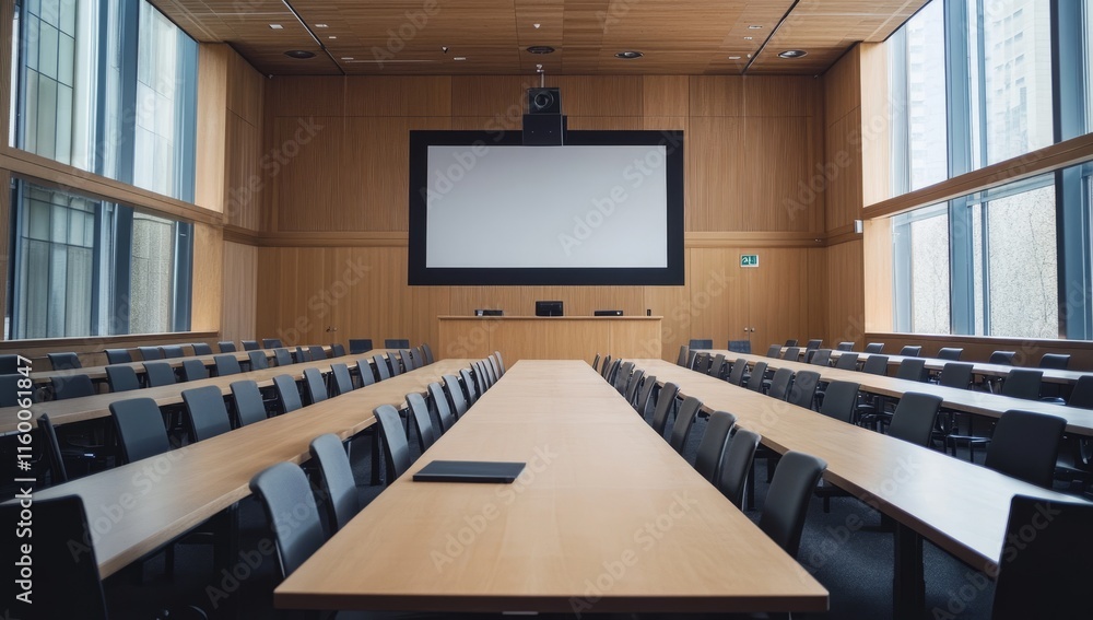 Poster Empty modern lecture hall with projector screen and long tables.