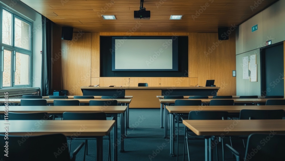 Poster empty modern classroom with projector screen and desks.