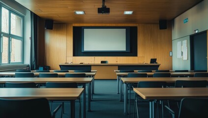 Fototapeta premium Empty modern classroom with projector screen and desks.