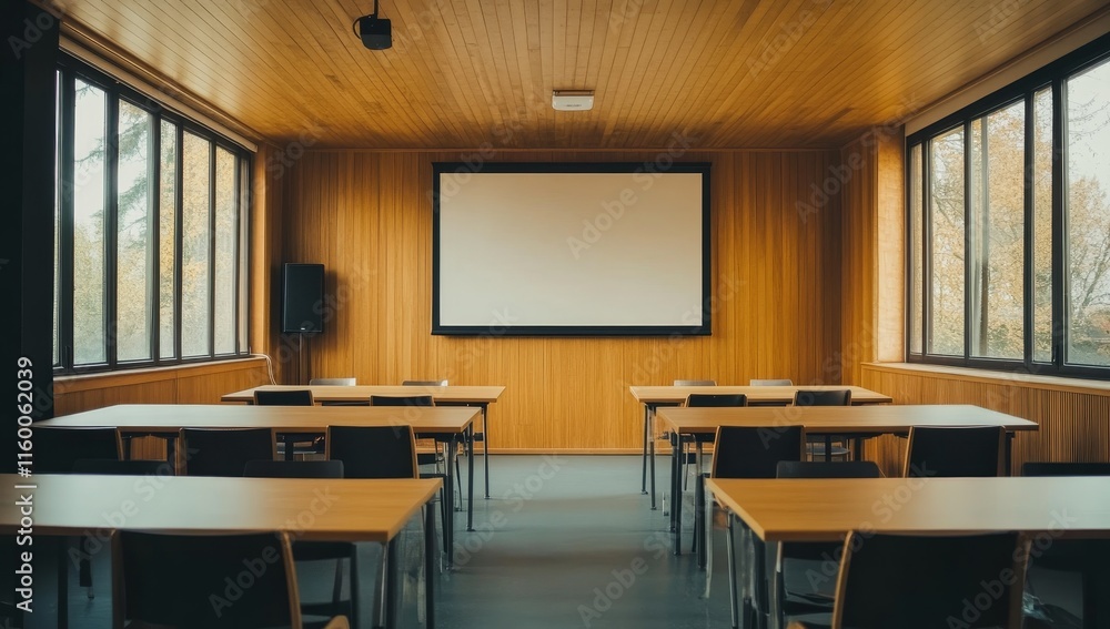 Poster empty modern classroom with projector screen and wooden walls.