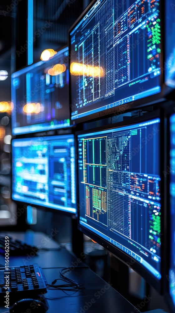 Poster high-tech trading station with multiple monitors and data visualizations