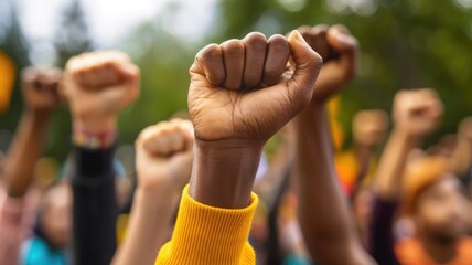 Picture of people raise hand in revolution to change society and get equality. Conflict of woke activist protest for justice in political policy. Teamwork of protester fight against injustice . AIG53.