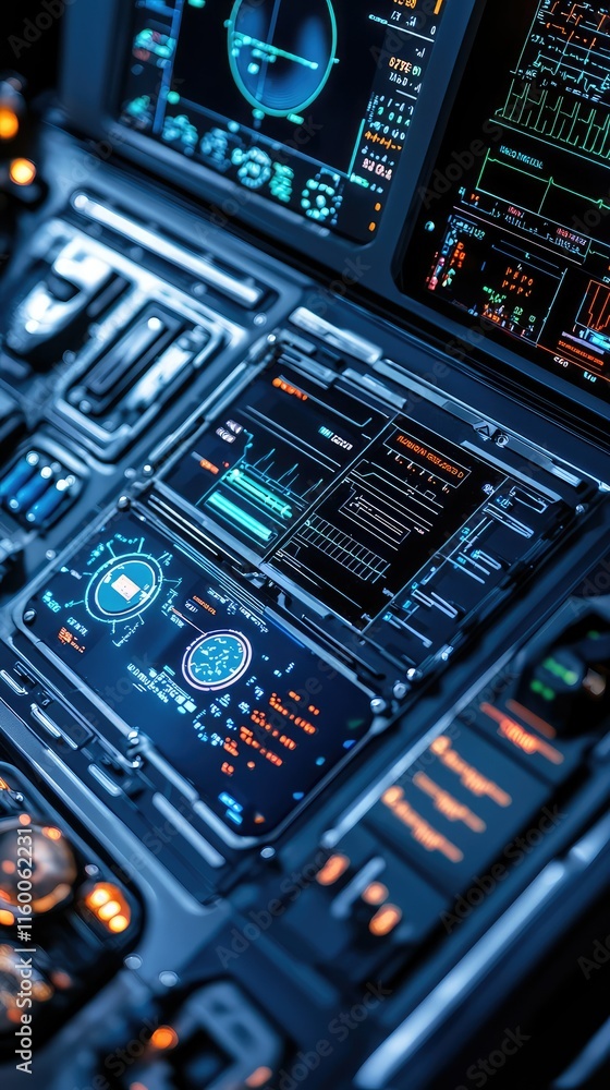 Poster futuristic control panel with digital displays and buttons