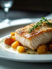 Perfectly Seared White Fish Fillet with Herbs and Roasted Cherry Tomatoes in Creamy Sauce : Generative AI