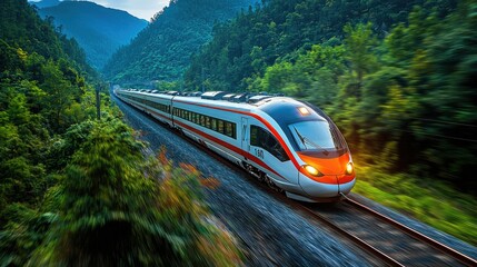 A high-speed train travels along a scenic route through lush green mountains.