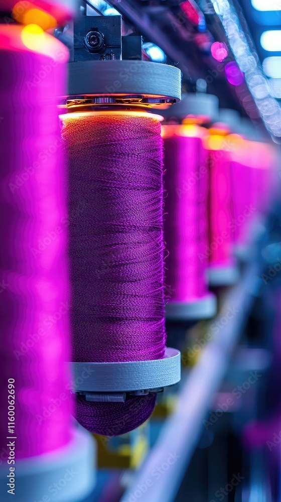 Poster vibrant pink threads on spools illuminated in textile factory setting